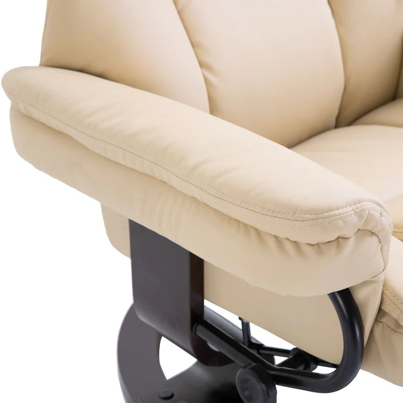 Cream Faux Leather Recliner Chair with Footstool, Swivel Armchair with Adjustable Backrest and Solid Wood Base for Living Room