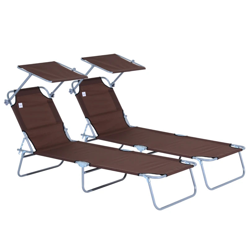 Brown Foldable Sun Lounger Set with Adjustable Backrest and Sun Shade Awning