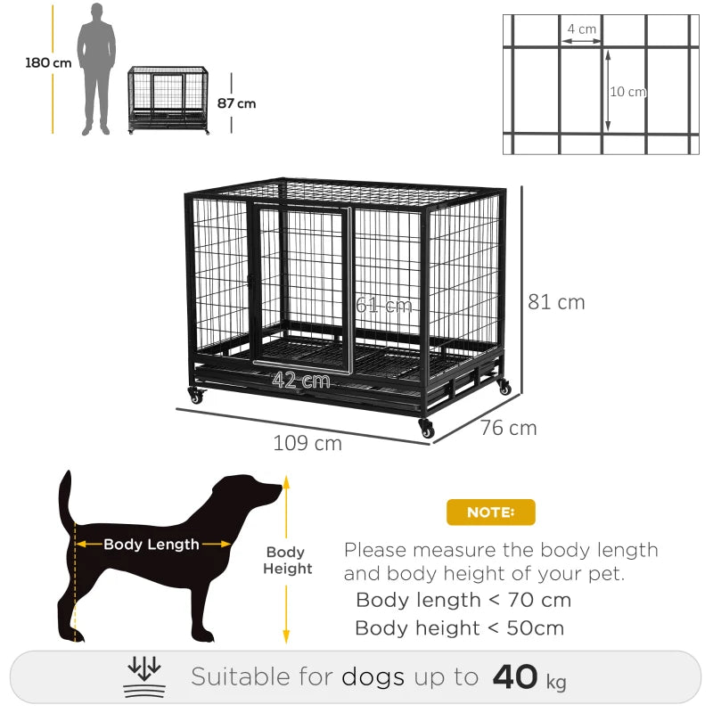 43" Heavy Duty Metal Dog Crate with Tray & Wheels - Large Black Pet Kennel for Dogs