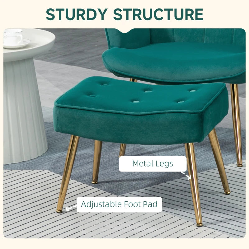Stylish Velvet Wingback Armchair with Footstool for Living Room, Bedroom or Home Office in Dark Green