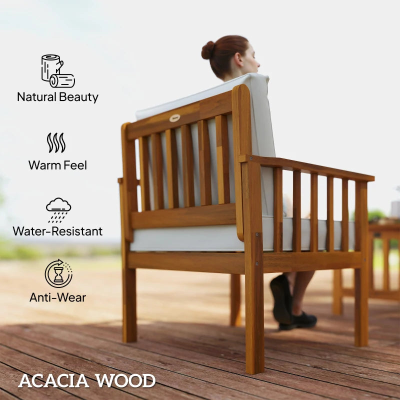 Four-Piece Acacia Wood Garden Sofa Set with Teak Finish and Cream Cushions
