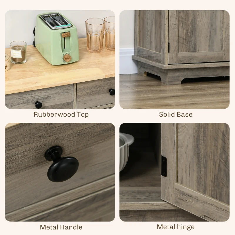 Modern Grey Wood-Effect Sideboard with Rubber Wood Top, 3 Doors, 3 Drawers & Adjustable Shelves - Stylish Storage Cabinet for Dining & Living Room