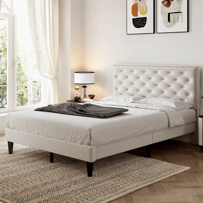 Double Upholstered Velvet Bedstead with Button-Tufted Headboard - Noise-Free, Solid Wood Slats, Beige, 193L x 141W x 110H cm