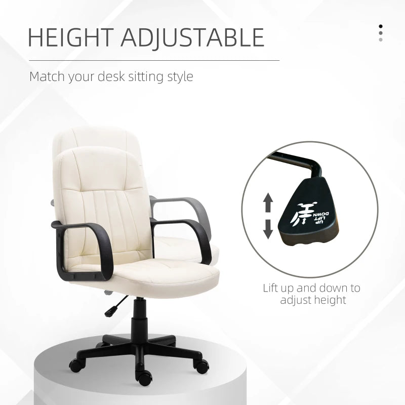 Cream White PU Leather Office Chair - Adjustable Height, Swivel Wheels, Perfect for Home Office & Study