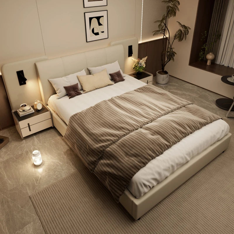 Upholstered Double Bed with Charging Port & Lighting, Impact-Resistant Headboard, 209x221x86.5 cm, Beige - Modern Bedroom Furniture