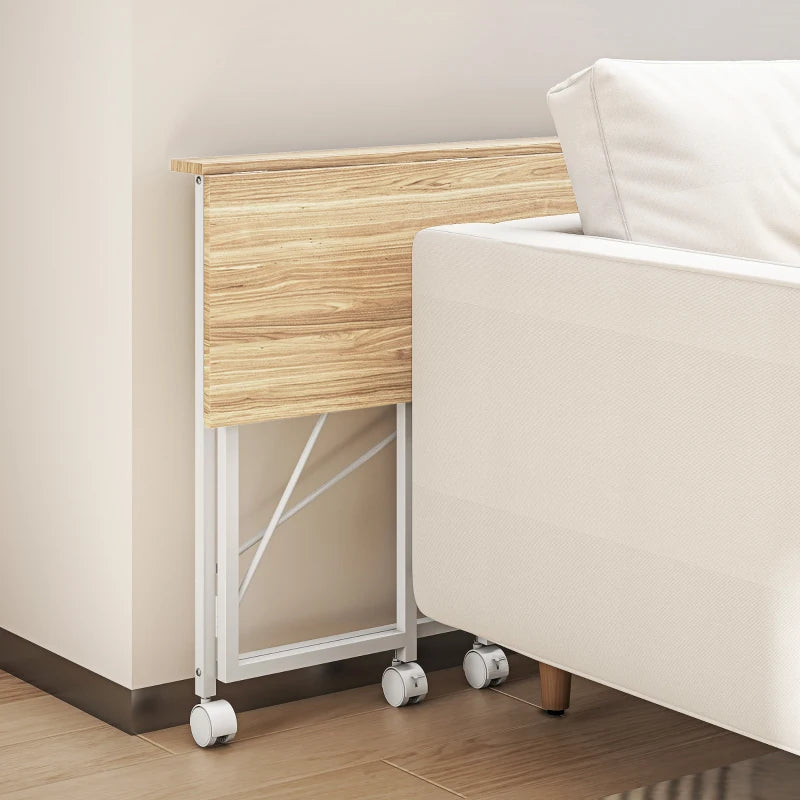 80 cm Folding Desk on Wheels - Natural Tone, Space-Saving Portable Workstation for Home Office, Study, and Crafting