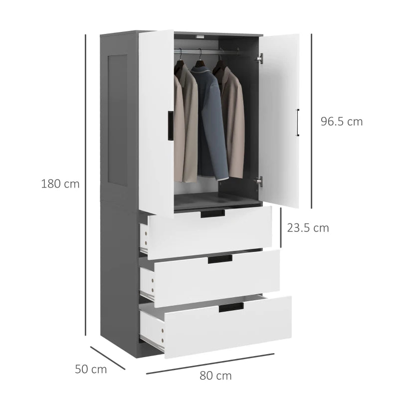 Modern 2 Door Wardrobe with 3 Drawers and Hanging Rod for Stylish Bedroom Storage Grey