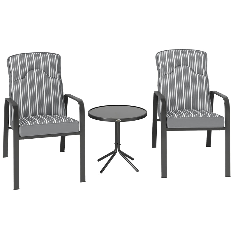 3-Piece Patio Bistro Set with Adjustable Recliner Chairs, Glass Table, Cushions - Grey Garden Furniture