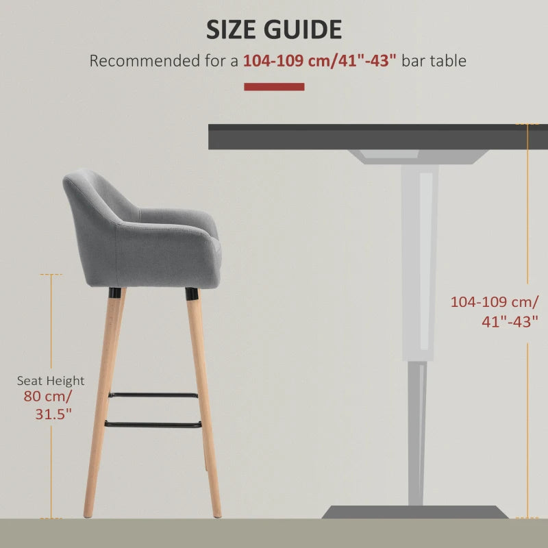 Set of 2 Modern Upholstered Bar Stools with Metal Frame & Solid Wood Legs - Grey Fabric Dining Chairs