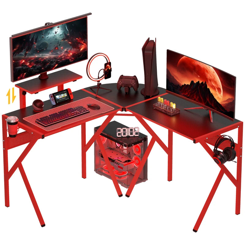 L-Shaped Gaming Desk for Home Office - Adjustable Monitor Stand, Cup Holder & Headphone Hook - 125x125x75cm, Red