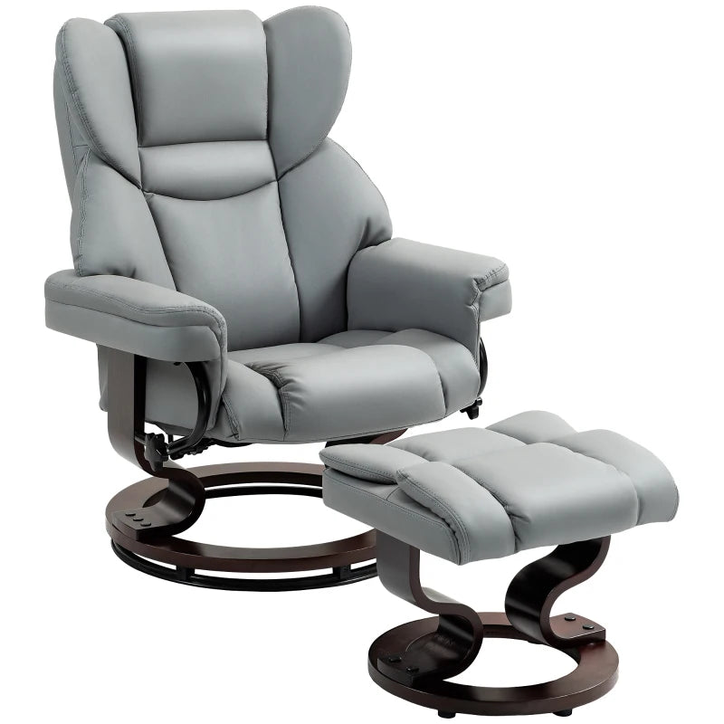 Faux Leather Recliner Chair with Footstool - Swivel Upholstered Armchair with Adjustable Backrest and Solid Wood Base in Light Grey