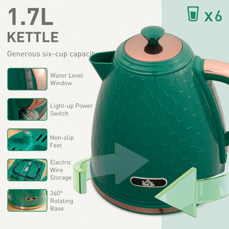 Green Kettle and Toaster Set - 1.7L Fast Boil Jug Kettle & 4 Slice Toaster with 7 Browning Levels, UK Thermostat
