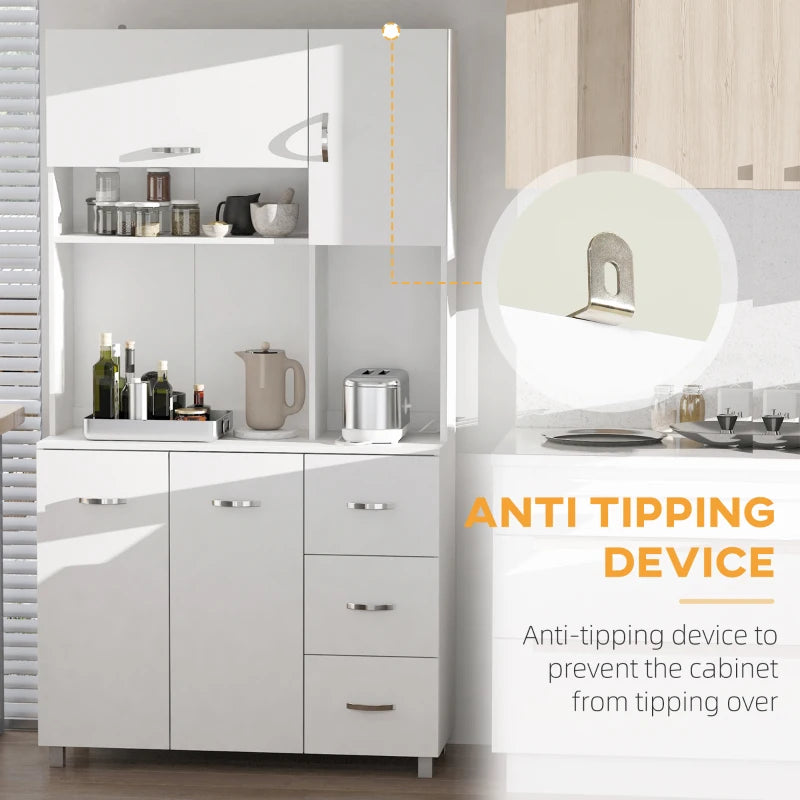 183cm Tall Kitchen Cupboard Storage Cabinet with Countertop, 3 Drawers, Flip Top Door, 3 Doors & Open Shelves - White