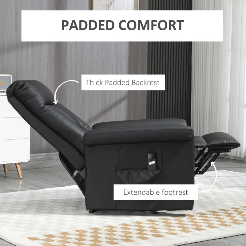Power Lift Recliner Chair for Elderly - PU Leather Armchair with Extended Footrest, Remote Control and Side Pocket, Black