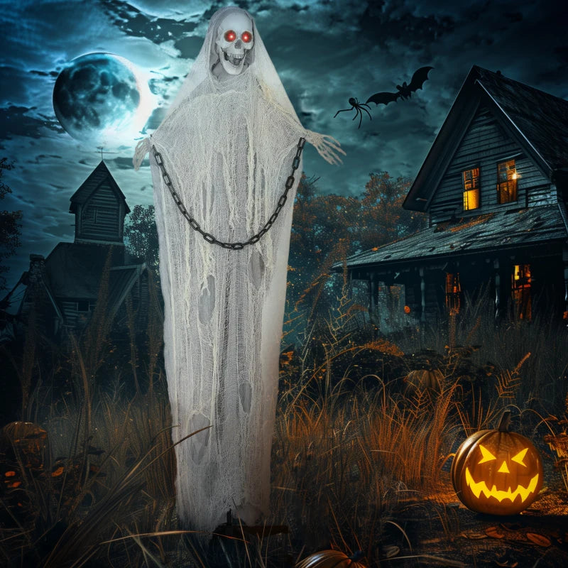 183 cm Life Size Animated Grim Reaper Skeleton with Glowing LED Eyes - Scary Halloween Decoration, Battery Operated Indoor Party Prop