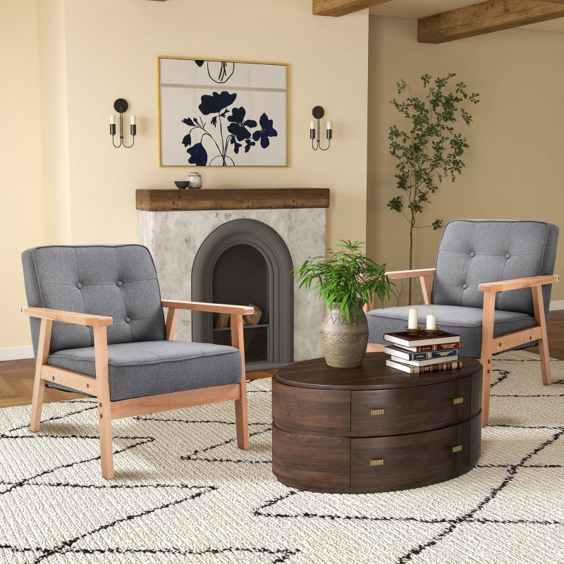 Linen Fabric Accent Armchair Set of 2 with Beech Wood Frame for Living Room, Bedroom, and Balcony