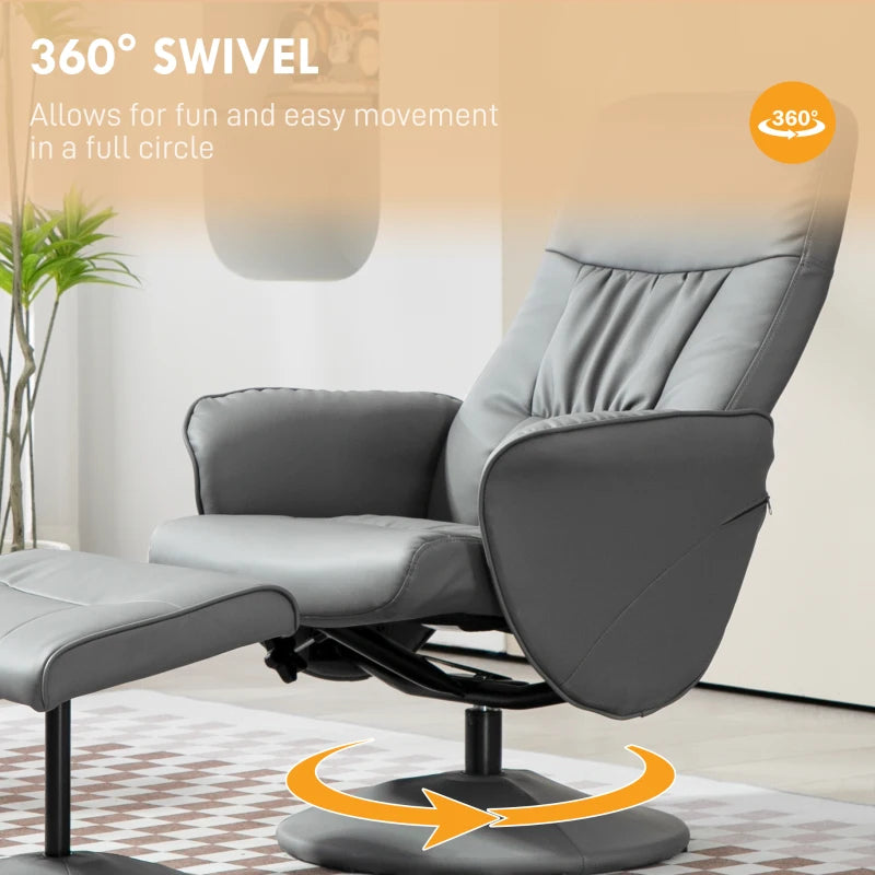 Light Grey Swivel Recliner Chair with Footstool – PU Leather Armchair and Ottoman for Living Room Comfort