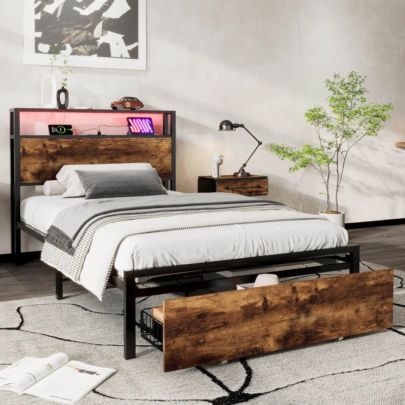 Unique Black Metal Bed with LED Light Strip, USB Ports & Drawer - Modern Bedroom Furniture, 207.5x90.5x105 cm, Dark Walnut Accent