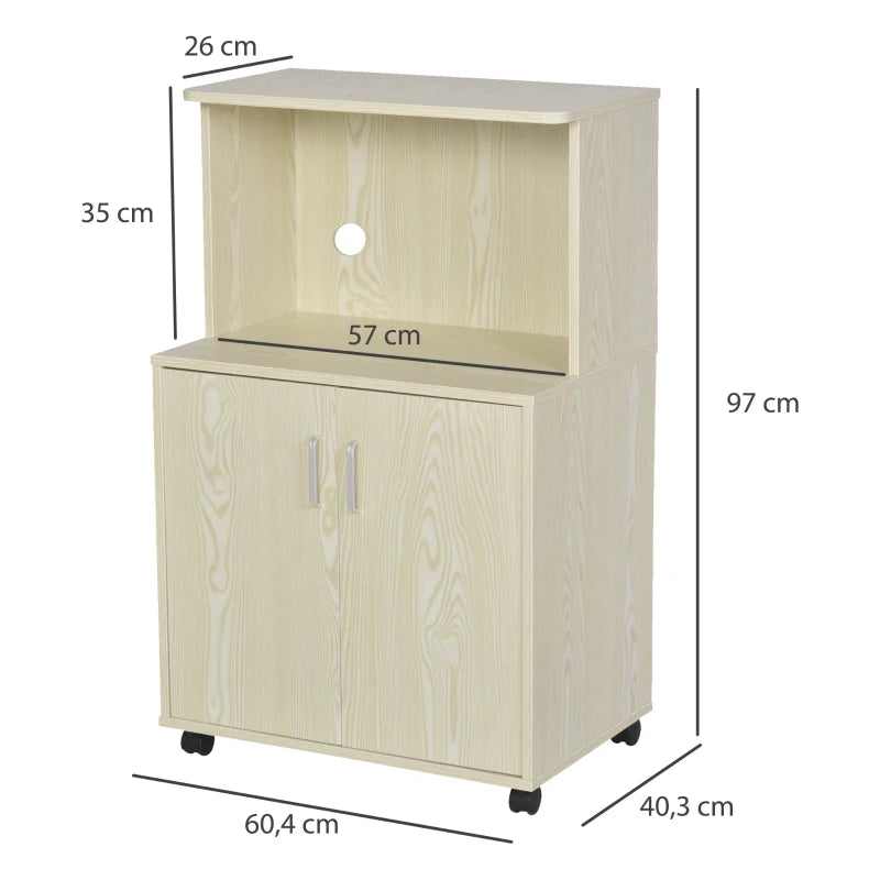 Modern Oak Kitchen Storage Unit - Microwave Stand Trolley Cart with Locking Wheels & Shelf for Living Room/Dining Room