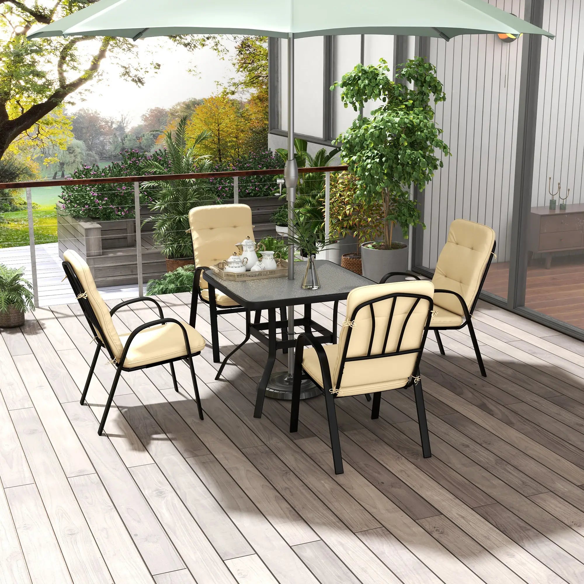 Beige 5-Piece Outdoor Square Garden Dining Set w/ Tempered Glass Dining Table, 4 Cushioned Armchairs & Umbrella Hole