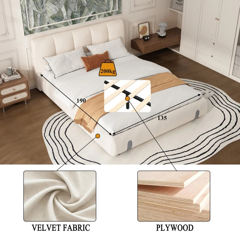 4ft6 Upholstered Double Bed - Velvet Frame with Soft Headboard & Sturdy Slats for Adults & Teens, White, 213x152x89 cm