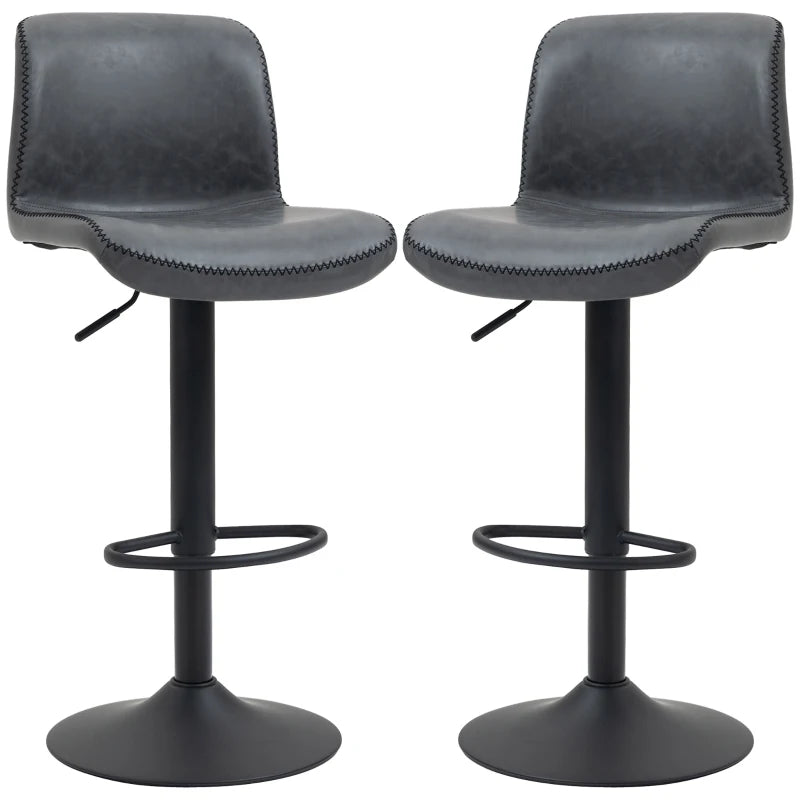 Set of 2 Dark Grey PU Leather Bar Stools with Backrest & Footrest for Kitchen, Counter & Breakfast Bar