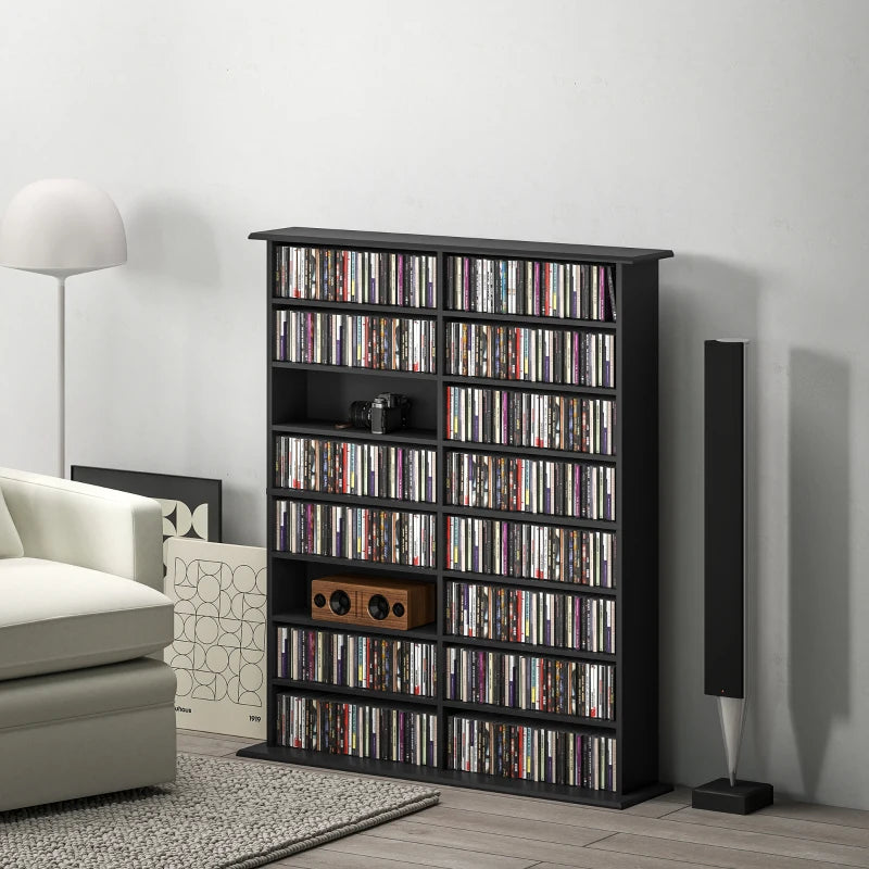 16-Compartment Black Media Shelf - Stylish Storage Solution for DVDs, Games, and Books - Perfect for Home Organization