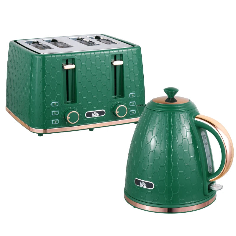 Green Kettle and Toaster Set - 1.7L Fast Boil Jug Kettle & 4 Slice Toaster with 7 Browning Levels, UK Thermostat