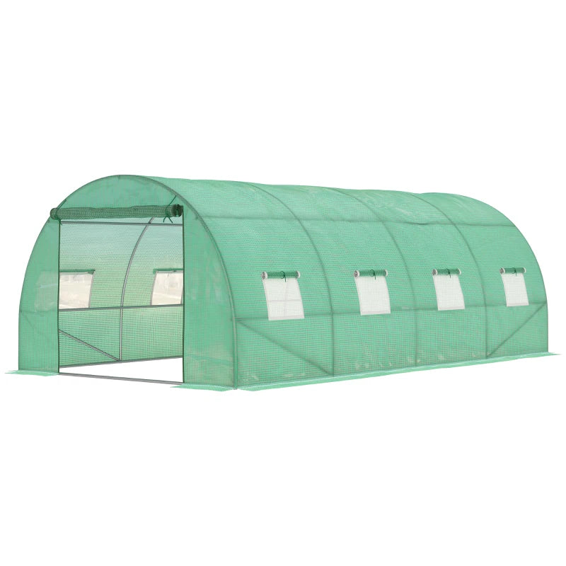 Green Walk-in Garden Tunnel Greenhouse, 6x3M, Roll-Up Door, 8 Windows