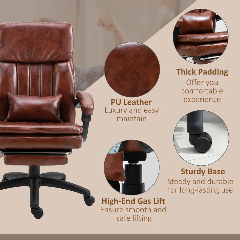 Vinsetto Brown PU Leather Office Chair with 7-Point Vibrating Massage, Adjustable Height, Reclining Back & Footrest - Comfort & Style