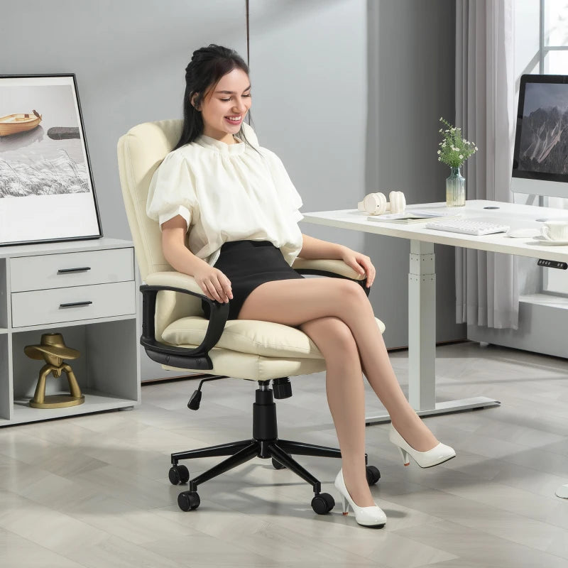 Vinsetto Cream White PU Leather Office Chair - Adjustable Height, Swivel Rolling Wheels for Home & Study