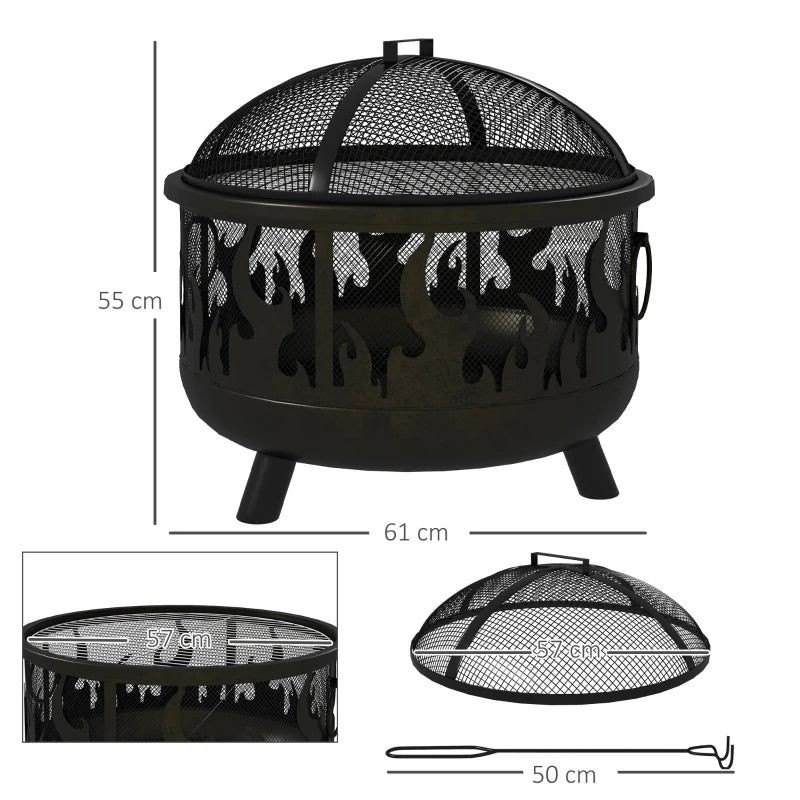 Premium Black Steel Fire Pit BBQ with Poker - Outdoor Heating & Cooking Solution for Patios, Gardens, and Backyards