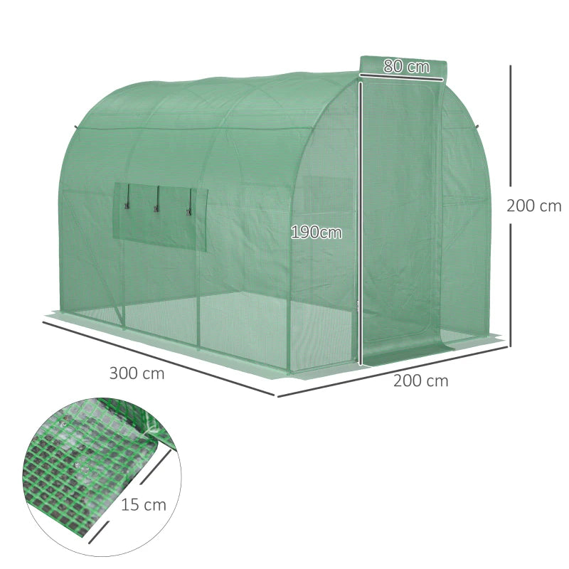 Green Plant Gardening Tunnel Greenhouse, Metal Door, Steel Frame, Mesh Windows (3x2m)