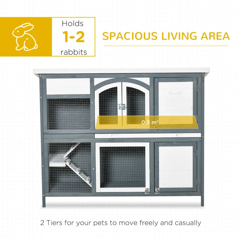Premium 2-Tier Outdoor Rabbit & Guinea Pig Hutch - Wooden Cage with Ramp, Divider & Openable Roof - 125x48x100cm Grey