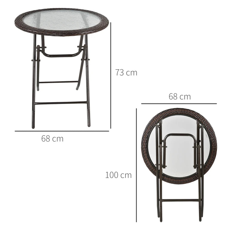 Brown Rattan Edged Round Glass Metal Folding Table