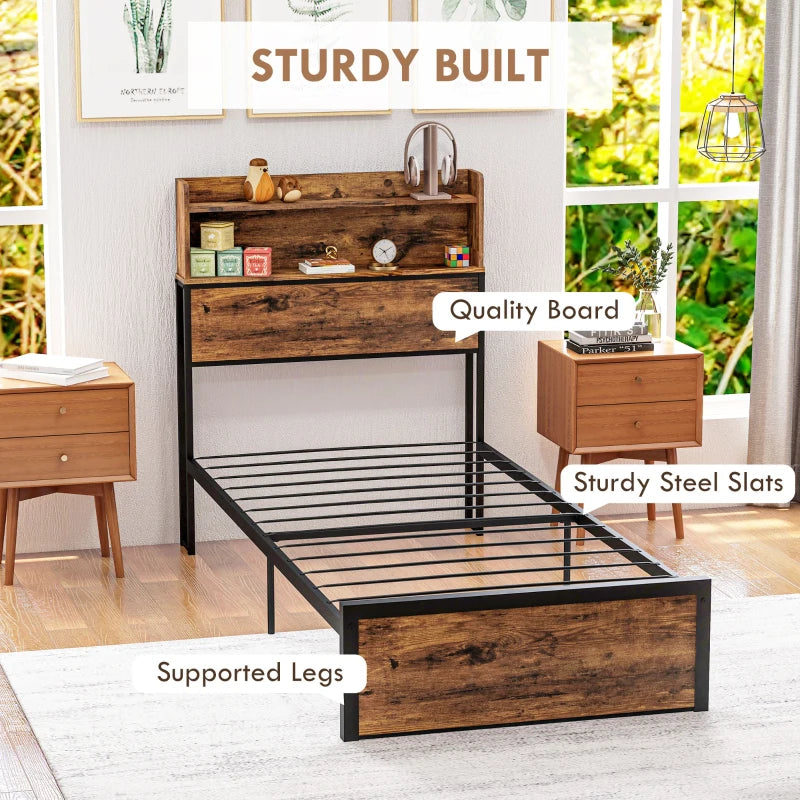 Industrial Single Bed Frame 3.1FT Steel Base with Storage Headboard & Footboard, Slatted Support, Rustic Brown 95x209cm