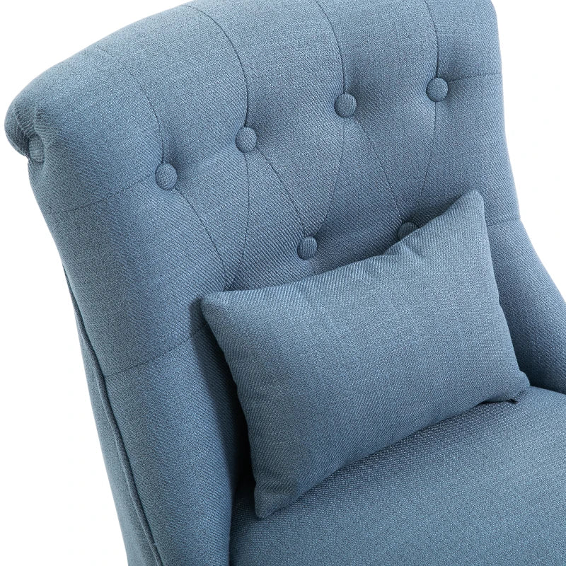 Upholstered Fabric Single Sofa Dining Chair with Pillow and Solid Wood Legs for Living Room, Blue