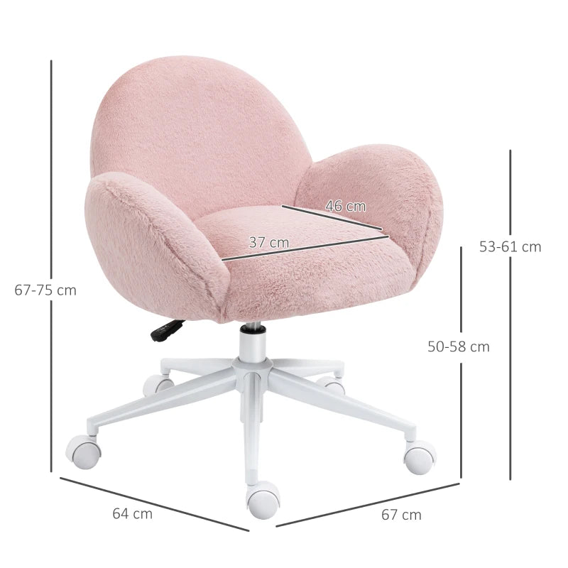 Cute Pink Makeup Vanity Chair with Fluffy Cushion & Rolling Wheels - Stylish Desk Chair for Bedroom & Living Room