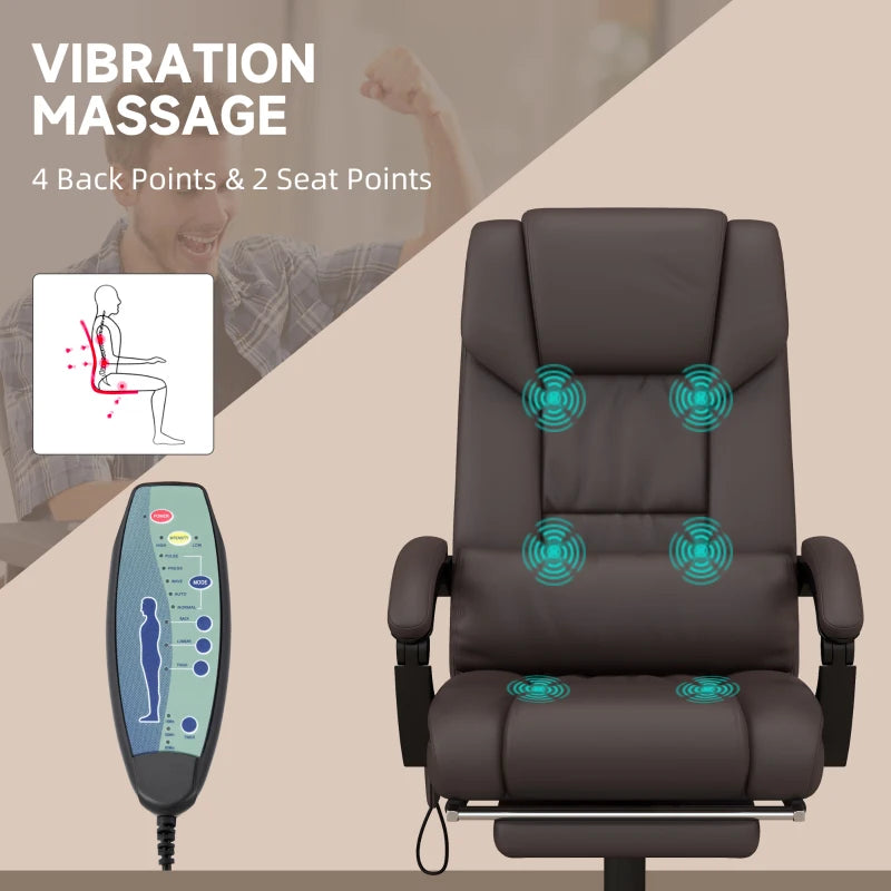 Vinsetto 6-Point Massage Office Chair - Adjustable PU Leather Desk Chair with Footrest for Home Office, Brown