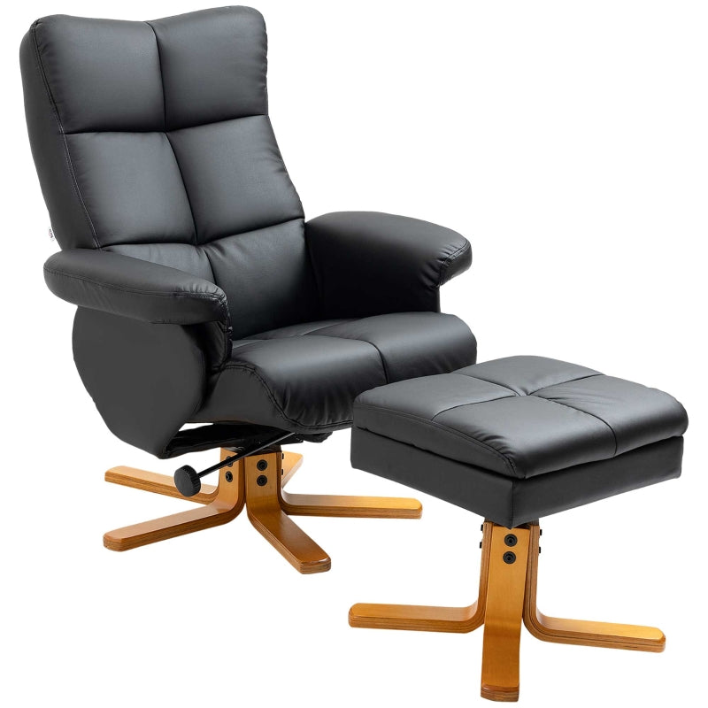 Swivel Reclining Armchair with Ottoman, Faux Leather Chair with Wooden Base and Storage Footstool for Living Room, Black