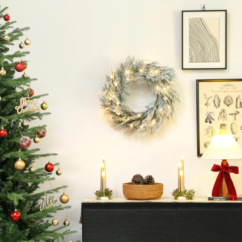 60cm Flocked Prelit Christmas Wreath - 24 Inch Holiday Decor for Festive Home Decoration