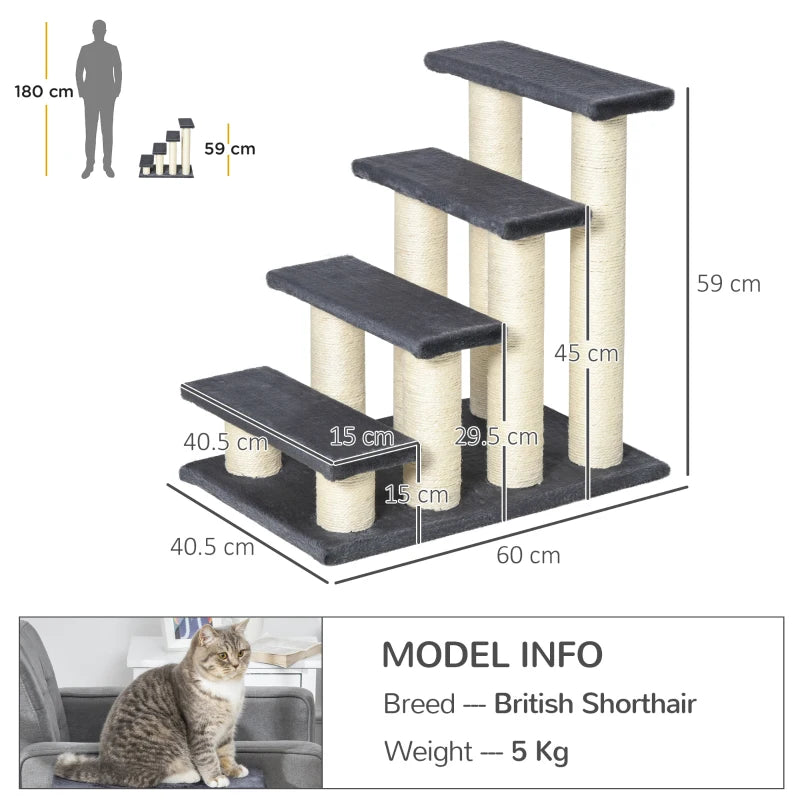 4-Step Dog Steps for Bed - Pet Stairs & Cat Ladder - Grey Scratch Post Design for Easy Access