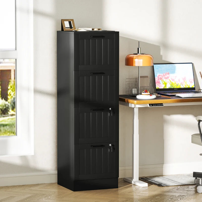 Secure 4 Drawer Filing Cabinet with Lock - Adjustable Hanging Bars for A4 Files - Stylish Black Office Storage Solution
