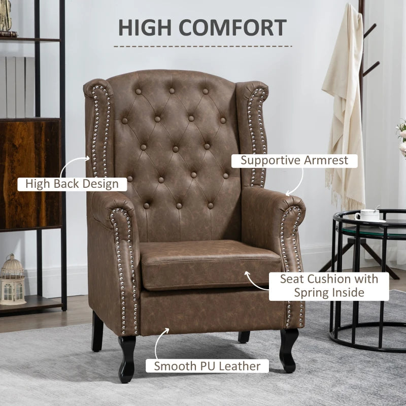 Tufted Chesterfield-Style Wingback Accent Chair with Nail Head Trim for Living Room or Bedroom in Brown
