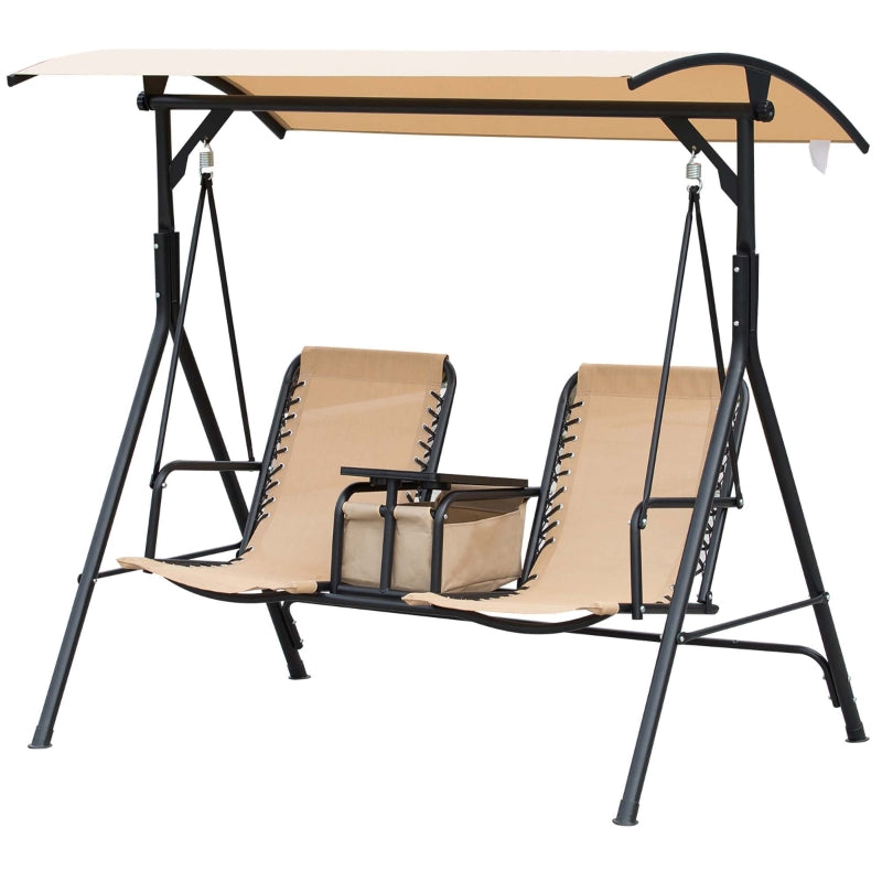 Beige 2 Seater Garden Swing Chair with Canopy, Table, Cup Holders