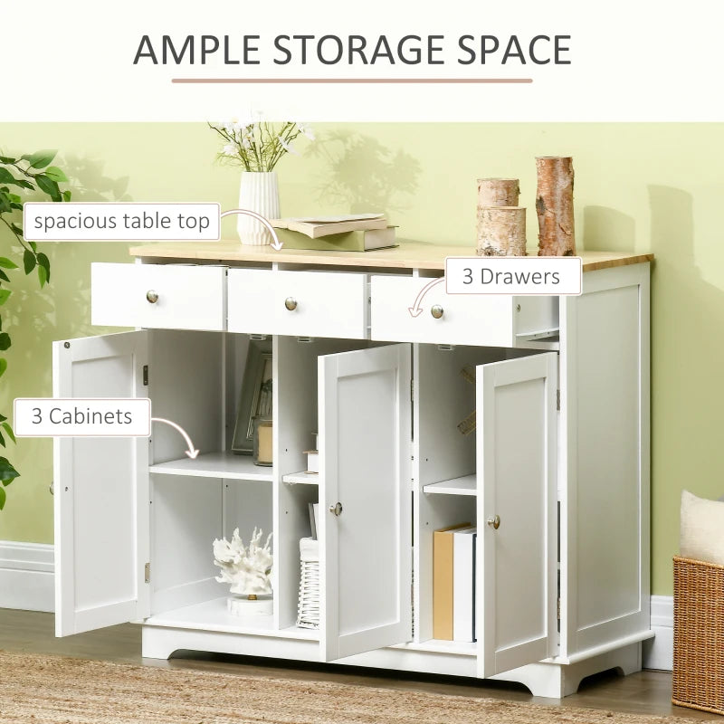 Modern White Sideboard with Rubber Wood Top Storage Cabinet for Dining Room and Living Room 3 Doors 3 Drawers and Adjustable Shelves