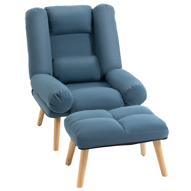 Blue Accent Armchair with Footstool, 180° Recliner and Adjustable Backrest, Stylish Wooden Legs for Living Room
