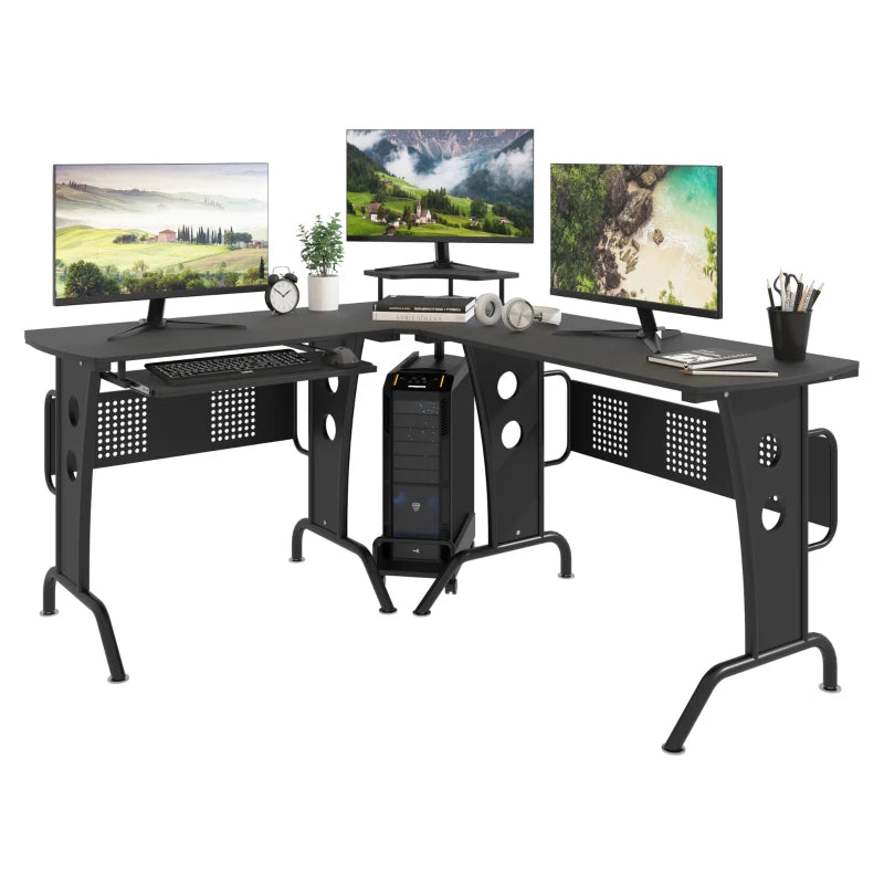 L-Shaped Gaming Desk with CPU Rack & Keyboard Tray - Space-Saving Steel Frame Home Office Desk, 165x145cm, Black