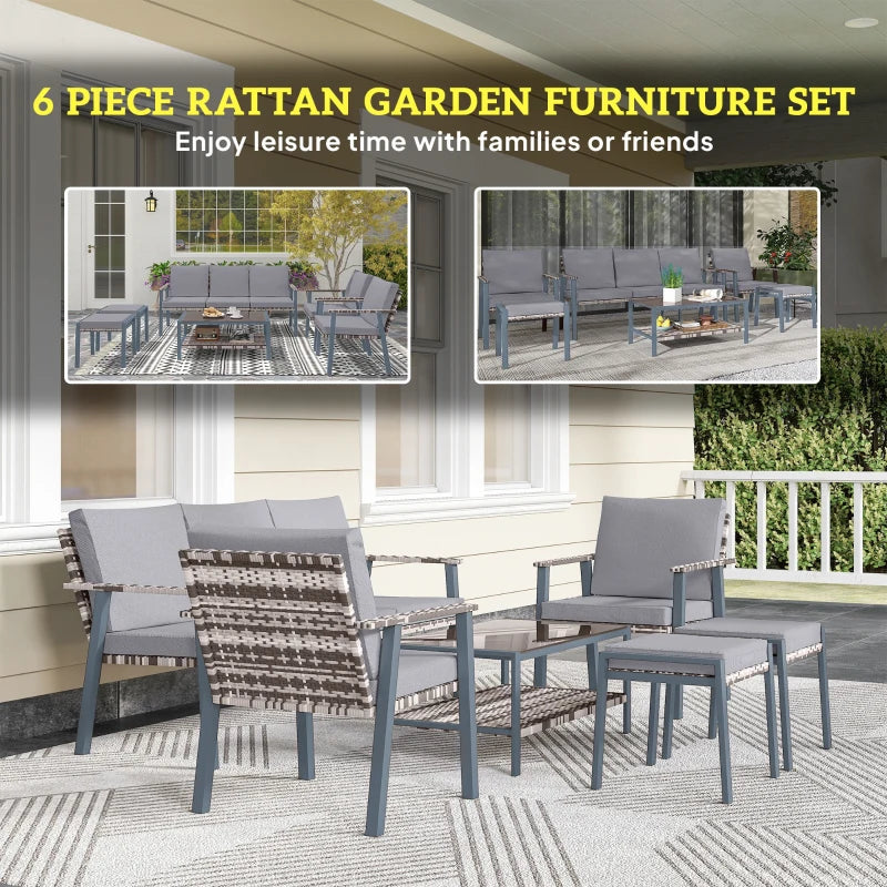 Grey Six-Piece Rattan Garden Sofa Set - Outdoor Furniture for Patio and Backyard