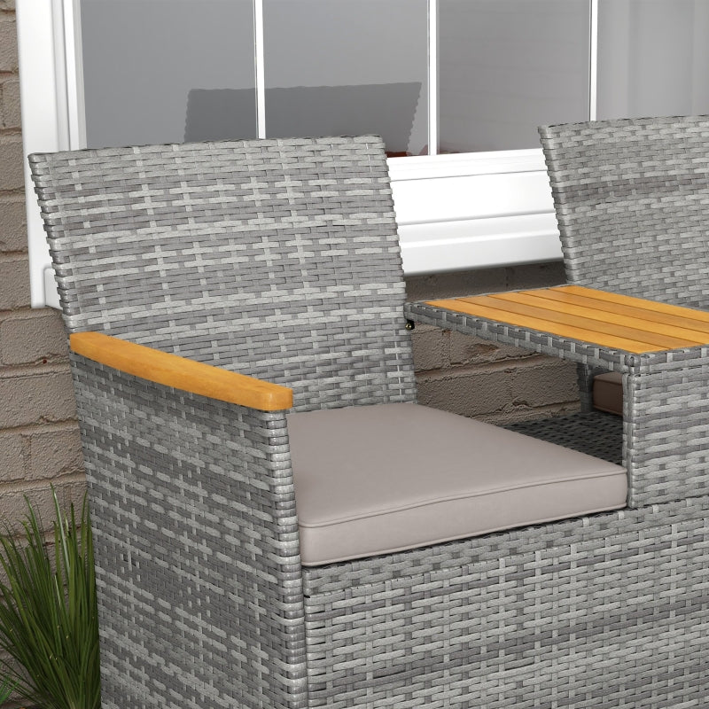 Grey Rattan Loveseat with Wood-Top Table